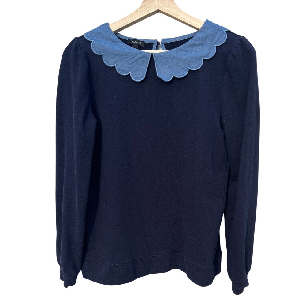 Talbots Chambray Peter Pan Collar Sweatshirt Navy Blue Scalloped S Preppy Spring